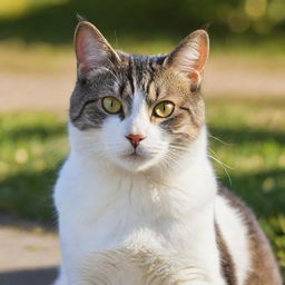 A sleek and handsome domestic cat, with a shiny coat, bright, intelligent eyes and a regal bearing, basking in the afternoon sunlight