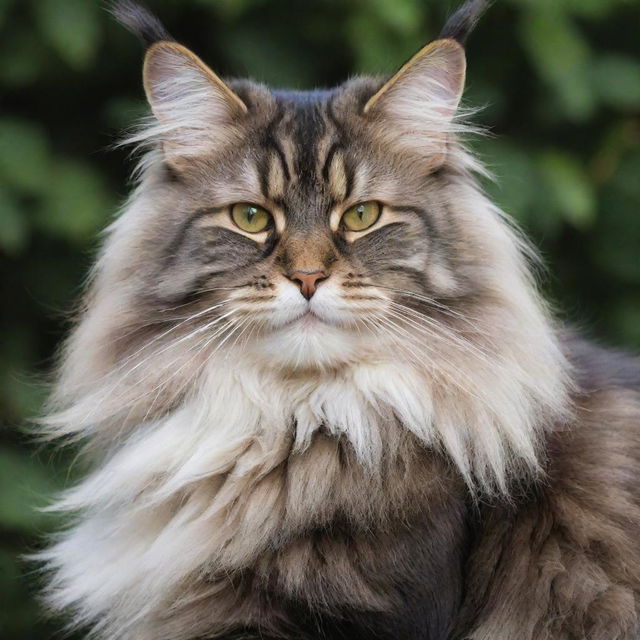 A magnificent Maine Coon cat, full-furred and handsome, with tufted ears and a bushy tail, regally posing