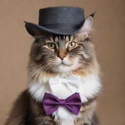 A majestic Maine Coon cat, wearing a stylish, miniature flat cap and bow-tie, enhancing its natural grandeur and regality.