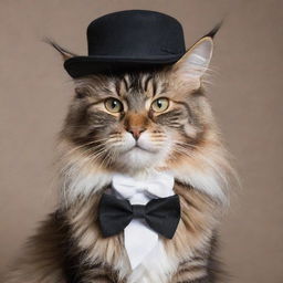 A majestic Maine Coon cat, wearing a stylish, miniature flat cap and bow-tie, enhancing its natural grandeur and regality.