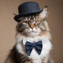 A majestic Maine Coon cat, wearing a stylish, miniature flat cap and bow-tie, enhancing its natural grandeur and regality.