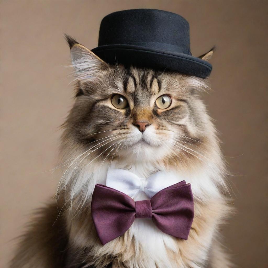 A majestic Maine Coon cat, wearing a stylish, miniature flat cap and bow-tie, enhancing its natural grandeur and regality.