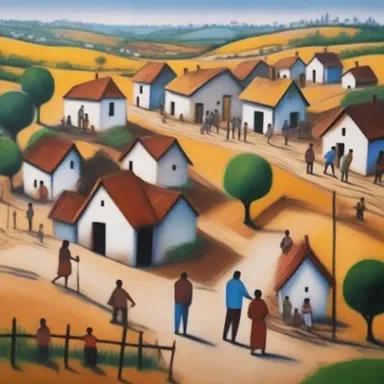 The artist's painting beautifully represents the social system of a small village, showcasing the interconnected relationships between individuals.