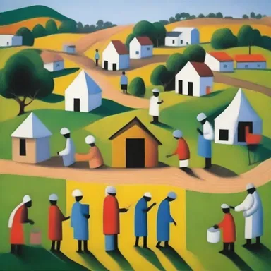 The artist's painting beautifully represents the social system of a small village, showcasing the interconnected relationships between individuals.