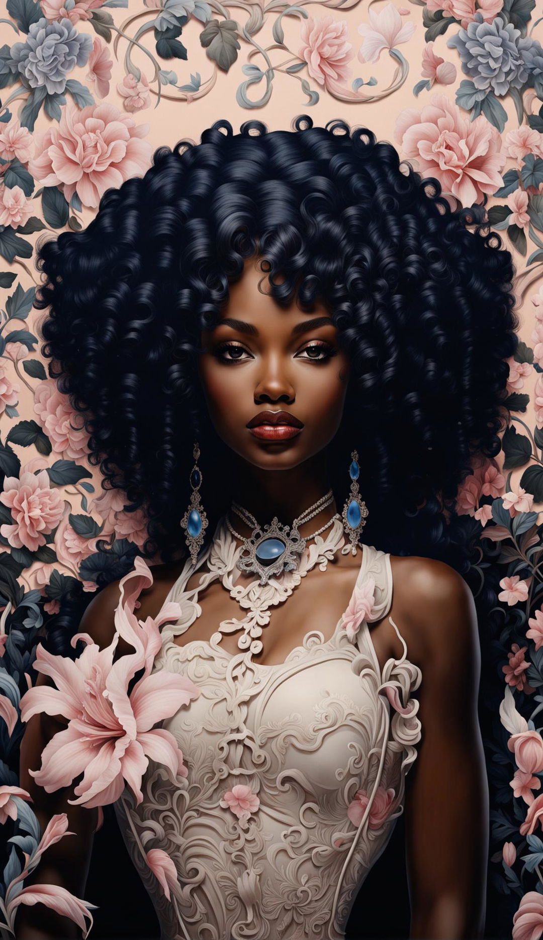 Beautiful black woman with blue eyes in Rococo-style with intricate floral background.