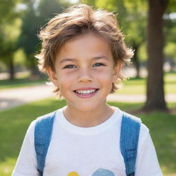 A beautiful, happy boy with sparkling eyes and a radiant smile. He has styled hair and is wearing a fashionable, casual outfit while playing in a sunny park.