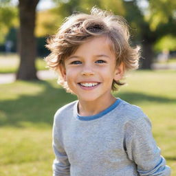 A beautiful, happy boy with sparkling eyes and a radiant smile. He has styled hair and is wearing a fashionable, casual outfit while playing in a sunny park.