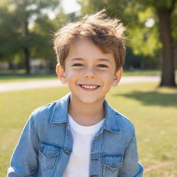 A beautiful, happy boy with sparkling eyes and a radiant smile. He has styled hair and is wearing a fashionable, casual outfit while playing in a sunny park.