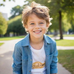 A beautiful, happy boy with sparkling eyes and a radiant smile. He has styled hair and is wearing a fashionable, casual outfit while playing in a sunny park.