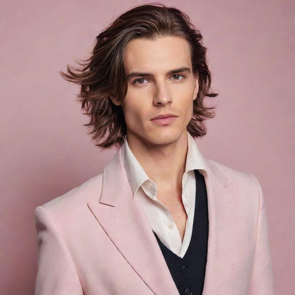 A man embracing his feminine side. Sporting soft features, long styled hair and wearing a stylish androgynous outfit, he flaunts a confident blend of masculine and feminine aesthetics
