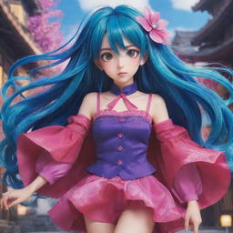 A brightly-colored anime girl with large expressive eyes, vibrant, flowing hair and a stylish outfit, set against a fantasy background