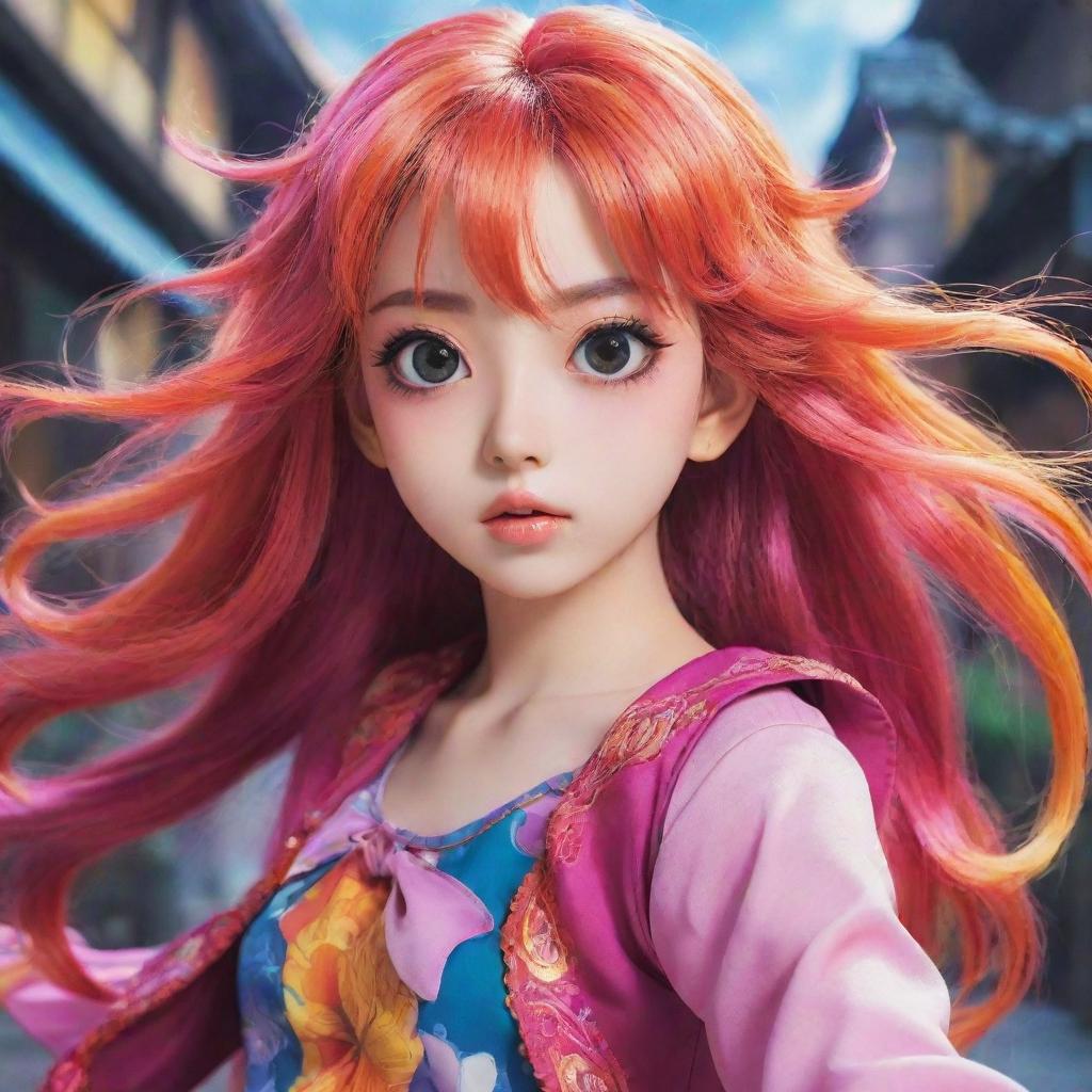 A brightly-colored anime girl with large expressive eyes, vibrant, flowing hair and a stylish outfit, set against a fantasy background