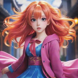 A brightly-colored anime girl with large expressive eyes, vibrant, flowing hair and a stylish outfit, set against a fantasy background