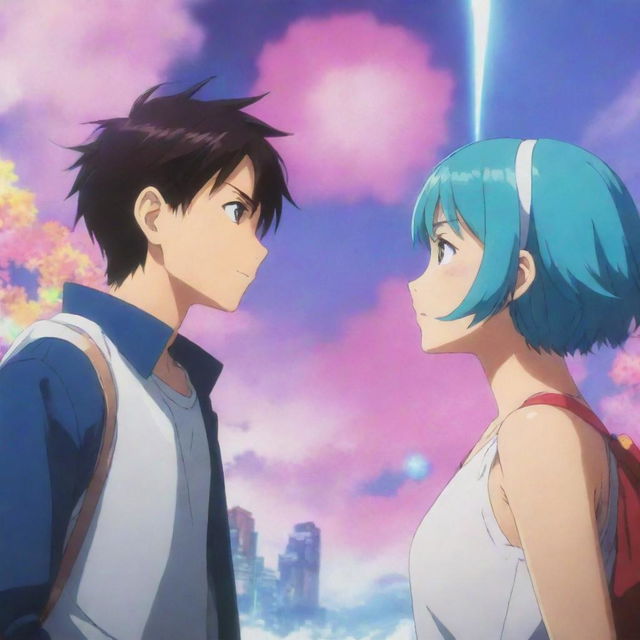 An anime scene where a vibrant, stylish anime girl is engaging in a lively conversation with an attentive anime boy, against a colorful, fantastical backdrop