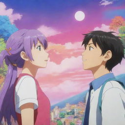 An anime scene where a vibrant, stylish anime girl is engaging in a lively conversation with an attentive anime boy, against a colorful, fantastical backdrop