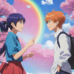 An anime scene where a vibrant, stylish anime girl is engaging in a lively conversation with an attentive anime boy, against a colorful, fantastical backdrop