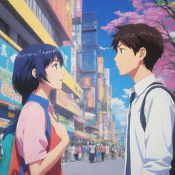 An anime scene where a vibrant, stylish anime girl is engaging in a lively conversation with an attentive anime boy, against a colorful, fantastical backdrop