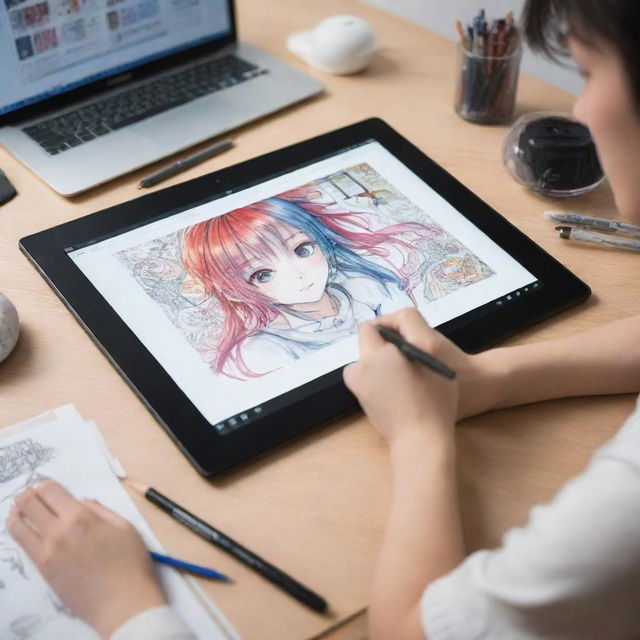 An artistic setting where an artist is intricately creating a vivid anime character on a modern, advanced digital drawing tablet, surrounded by artistic tools