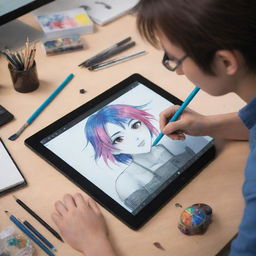 An artistic setting where an artist is intricately creating a vivid anime character on a modern, advanced digital drawing tablet, surrounded by artistic tools