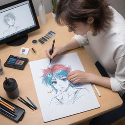 An artistic setting where an artist is intricately creating a vivid anime character on a modern, advanced digital drawing tablet, surrounded by artistic tools