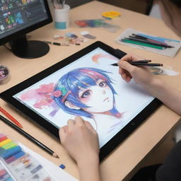 An artistic setting where an artist is intricately creating a vivid anime character on a modern, advanced digital drawing tablet, surrounded by artistic tools