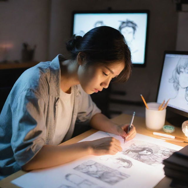 An artist deeply focused on creating a detailed manga character on a digital drawing tablet in a studio lit by the glow of the screen, surrounded by art supplies.