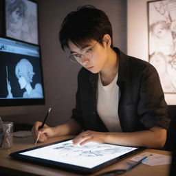 An artist deeply focused on creating a detailed manga character on a digital drawing tablet in a studio lit by the glow of the screen, surrounded by art supplies.