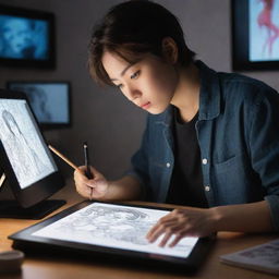 An artist deeply focused on creating a detailed manga character on a digital drawing tablet in a studio lit by the glow of the screen, surrounded by art supplies.