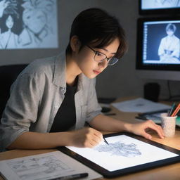 An artist deeply focused on creating a detailed manga character on a digital drawing tablet in a studio lit by the glow of the screen, surrounded by art supplies.