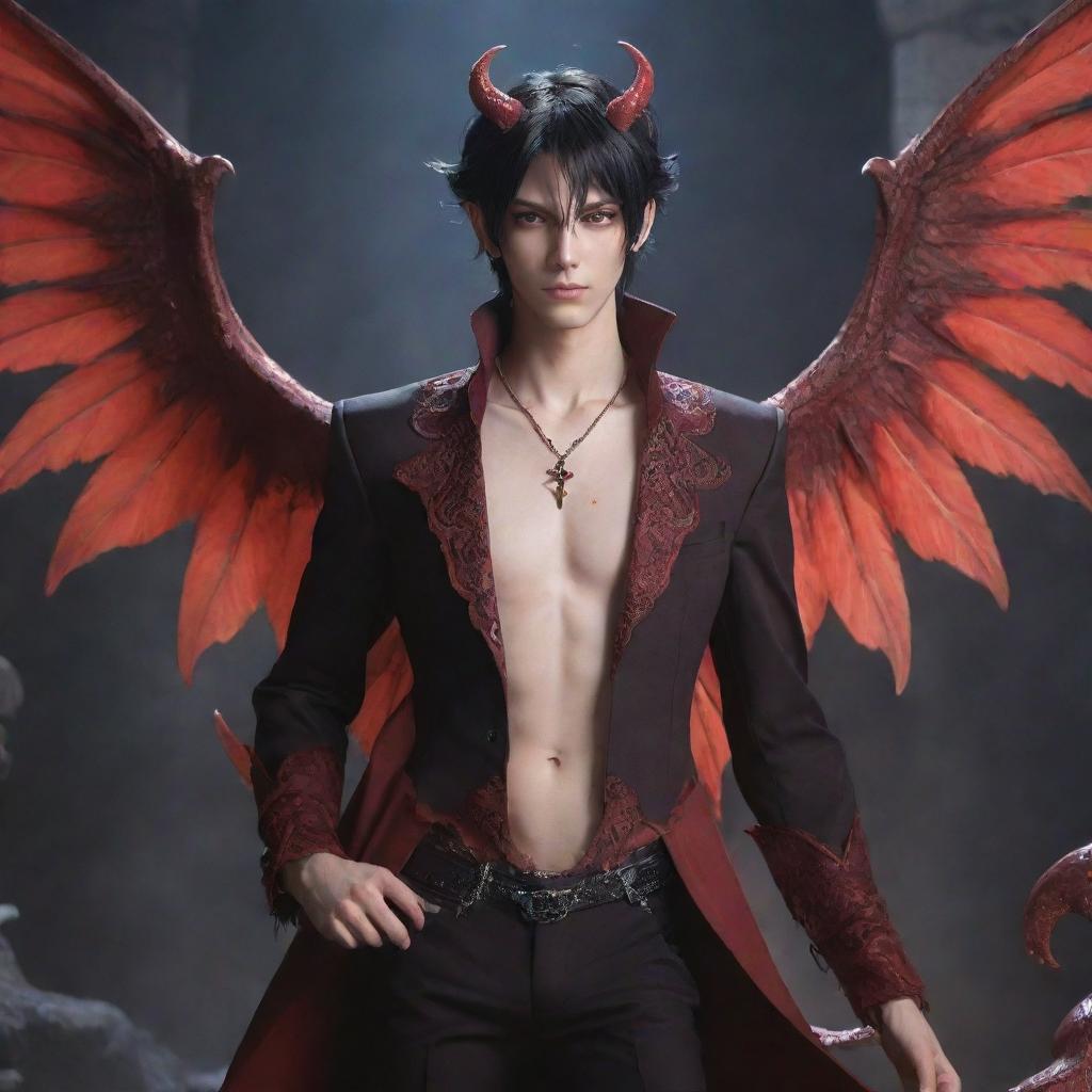 A unique anime character: a charming succubus boy, regally dressed and careful with his delicate wings and devilish tail, amidst a mystic and fantasy setting.