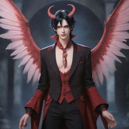 A unique anime character: a charming succubus boy, regally dressed and careful with his delicate wings and devilish tail, amidst a mystic and fantasy setting.