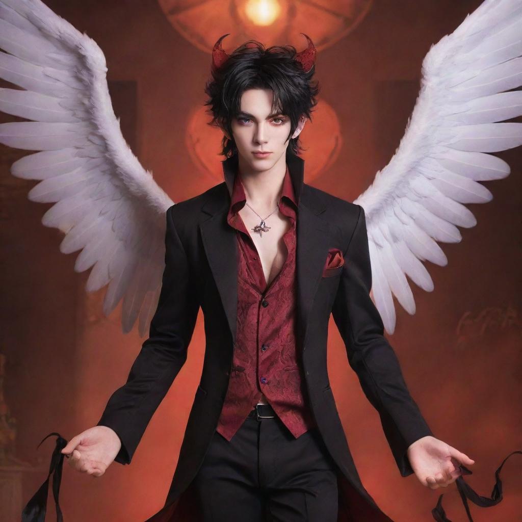 A unique anime character: a charming succubus boy, regally dressed and careful with his delicate wings and devilish tail, amidst a mystic and fantasy setting.