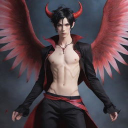 A unique anime character: a charming succubus boy, regally dressed and careful with his delicate wings and devilish tail, amidst a mystic and fantasy setting.