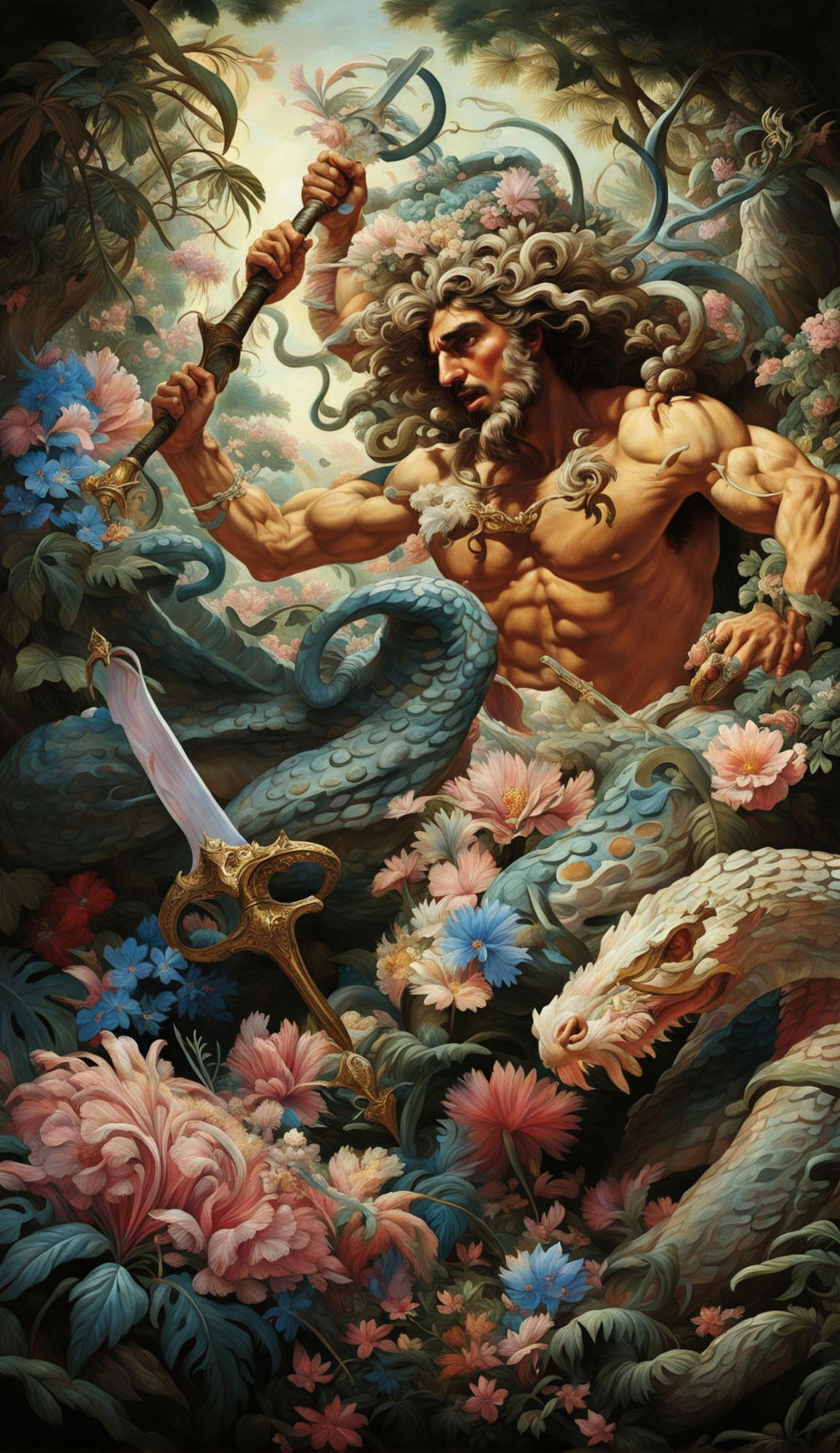 Rococo-style painting of Perseus battling Amazonian Medusa amidst pastel-hued floral scenery.