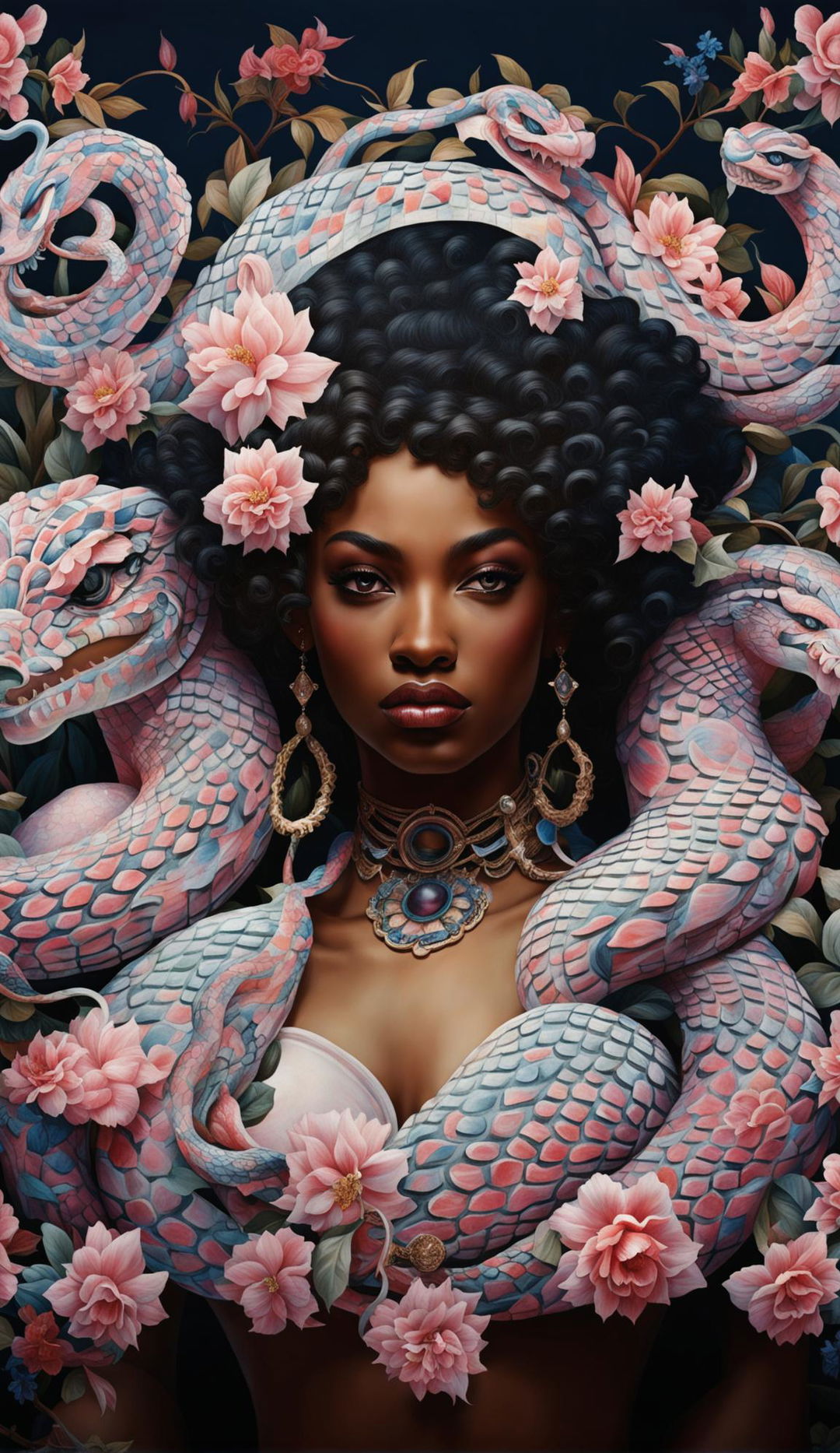 Beautiful black woman as Medusa with blue eyes in pastel Rococo-style with intricate floral background.