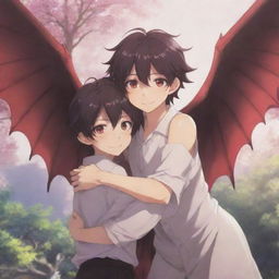 A heartwarming anime scene where a charming succubus boy, complete with delicate wings and a tail, is warmly hugging another boy, their expressions filled with shared friendship and joy, against a fanciful backdrop.