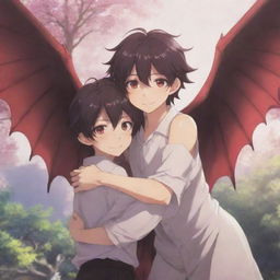 A heartwarming anime scene where a charming succubus boy, complete with delicate wings and a tail, is warmly hugging another boy, their expressions filled with shared friendship and joy, against a fanciful backdrop.