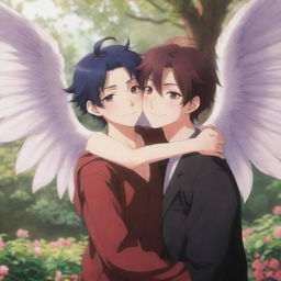 A heartwarming anime scene where a charming succubus boy, complete with delicate wings and a tail, is warmly hugging another boy, their expressions filled with shared friendship and joy, against a fanciful backdrop.