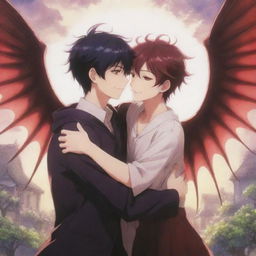 A heartwarming anime scene where a charming succubus boy, complete with delicate wings and a tail, is warmly hugging another boy, their expressions filled with shared friendship and joy, against a fanciful backdrop.