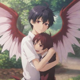 A heartwarming anime scene where a charming succubus boy, complete with delicate wings and a tail, is warmly hugging another boy, their expressions filled with shared friendship and joy, against a fanciful backdrop.