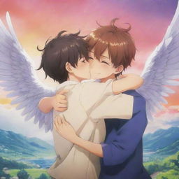 A touching anime scene where a well-drawn boy character with horns and wings, is embracing another boy in a warm and comforting hug, set against a vibrant, whimsical backdrop