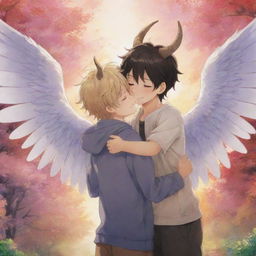 A touching anime scene where a well-drawn boy character with horns and wings, is embracing another boy in a warm and comforting hug, set against a vibrant, whimsical backdrop