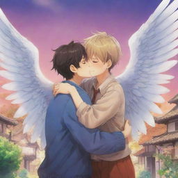 A touching anime scene where a well-drawn boy character with horns and wings, is embracing another boy in a warm and comforting hug, set against a vibrant, whimsical backdrop