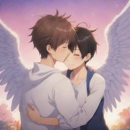 A touching anime scene where a well-drawn boy character with horns and wings, is embracing another boy in a warm and comforting hug, set against a vibrant, whimsical backdrop