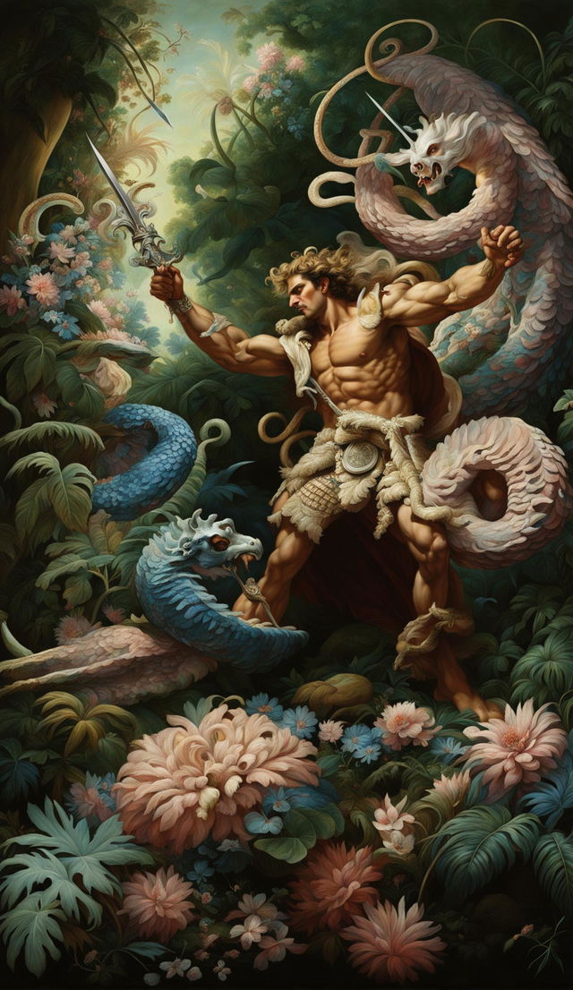 Rococo-style painting of Perseus battling Amazonian Medusa amidst pastel-hued floral scenery.