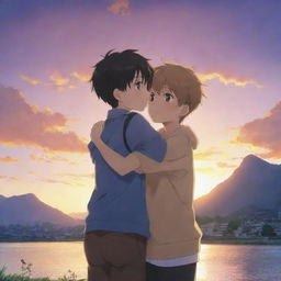 An emotional anime scene where two boys, one with an innocent, heartfelt expression, embrace each other in a warming hug, encapsulating a deep bond of friendship, set against a vibrant backdrop.