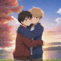 An emotional anime scene where two boys, one with an innocent, heartfelt expression, embrace each other in a warming hug, encapsulating a deep bond of friendship, set against a vibrant backdrop.