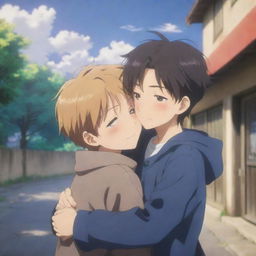 An emotional anime scene where two boys, one with an innocent, heartfelt expression, embrace each other in a warming hug, encapsulating a deep bond of friendship, set against a vibrant backdrop.