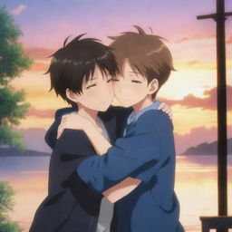 An emotional anime scene where two boys, one with an innocent, heartfelt expression, embrace each other in a warming hug, encapsulating a deep bond of friendship, set against a vibrant backdrop.