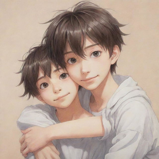 An intricately done anime drawing depicting an innocent boy character with expressive eyes and a gentle smile, cuddling another boy in a tender manner, set against a beautifully drawn backdrop.